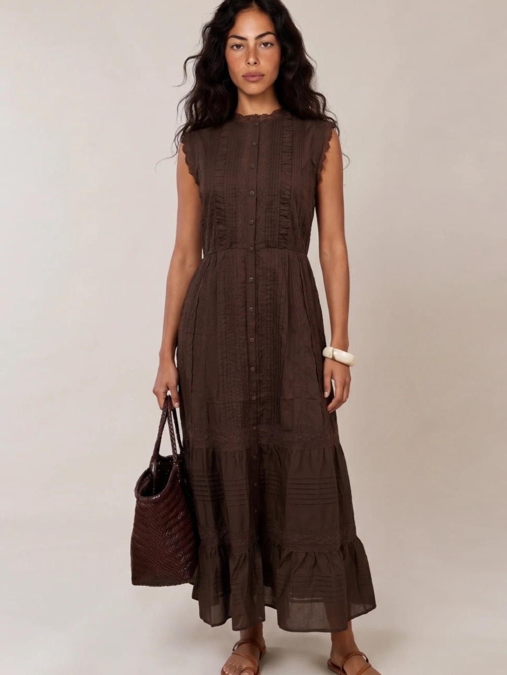 Few Moda Atelier Sorella Brown Maxi Dress, Button Front, Pintucking, Lace